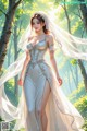 A woman in a wedding dress standing in the woods.