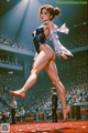 A woman in a black bathing suit jumping in front of a crowd.