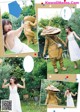 A collage of photos of a woman in a white dress and a bug costume.