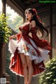 A woman in a red and white dress standing on a porch.